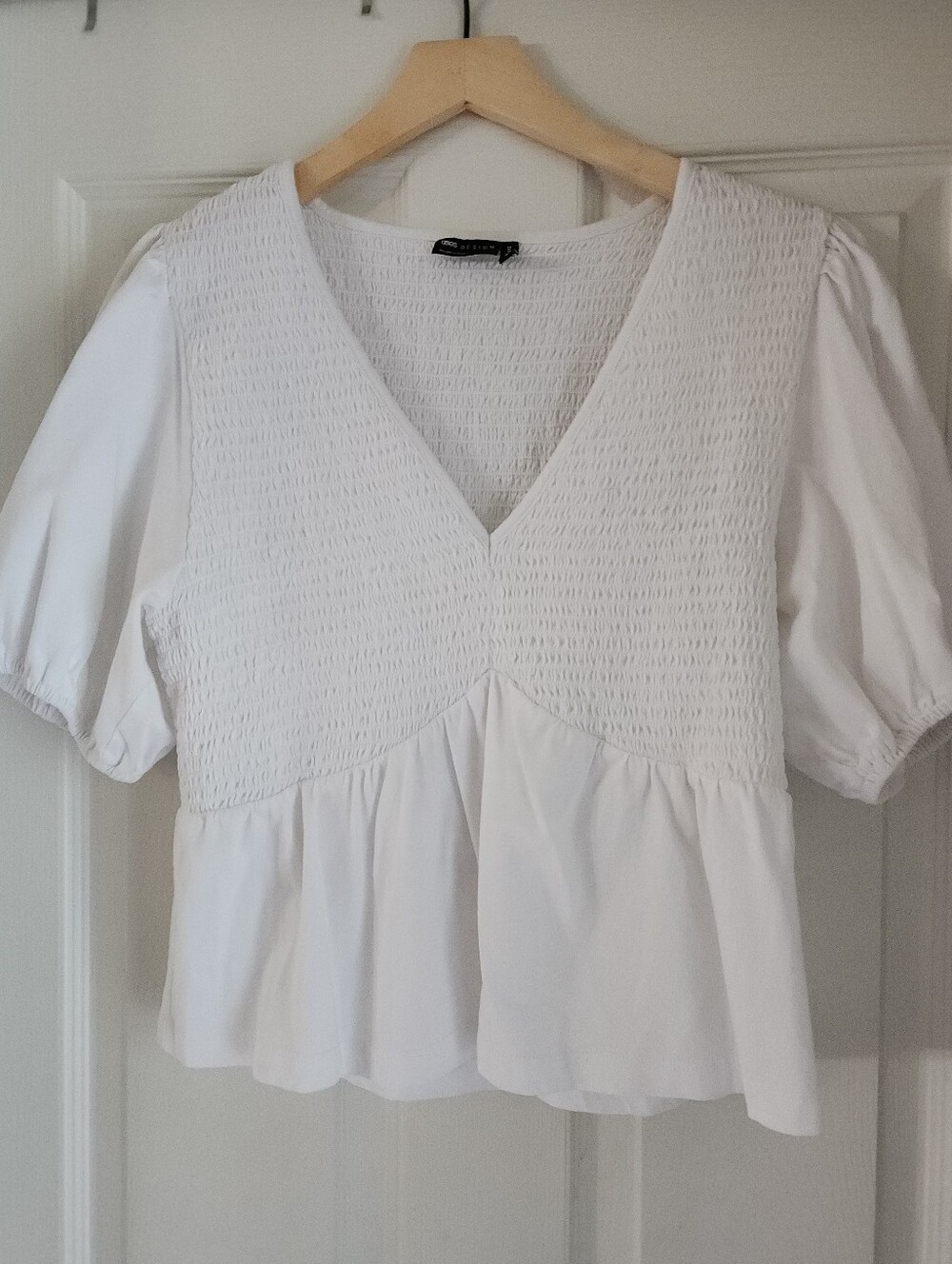 White Smocked V-Neck Peplum Blouse
